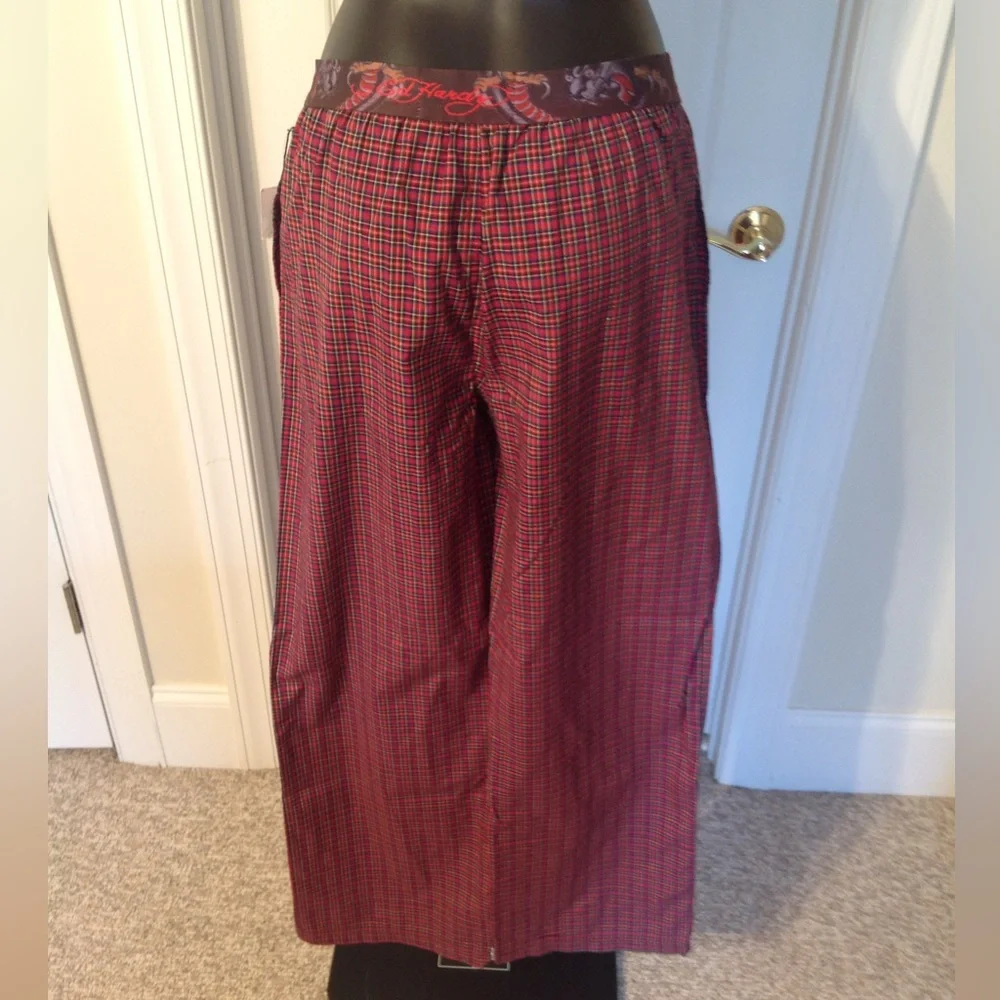NWT Ed Hardy Plaid Pajama Pants Red Men’s S (28-30) Patch Logo Tattoo Print